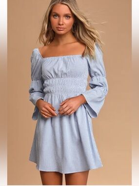 Lulu's Mini Dress Lunch Date Blue Gingham Smocked Waist Bell Sleeved
